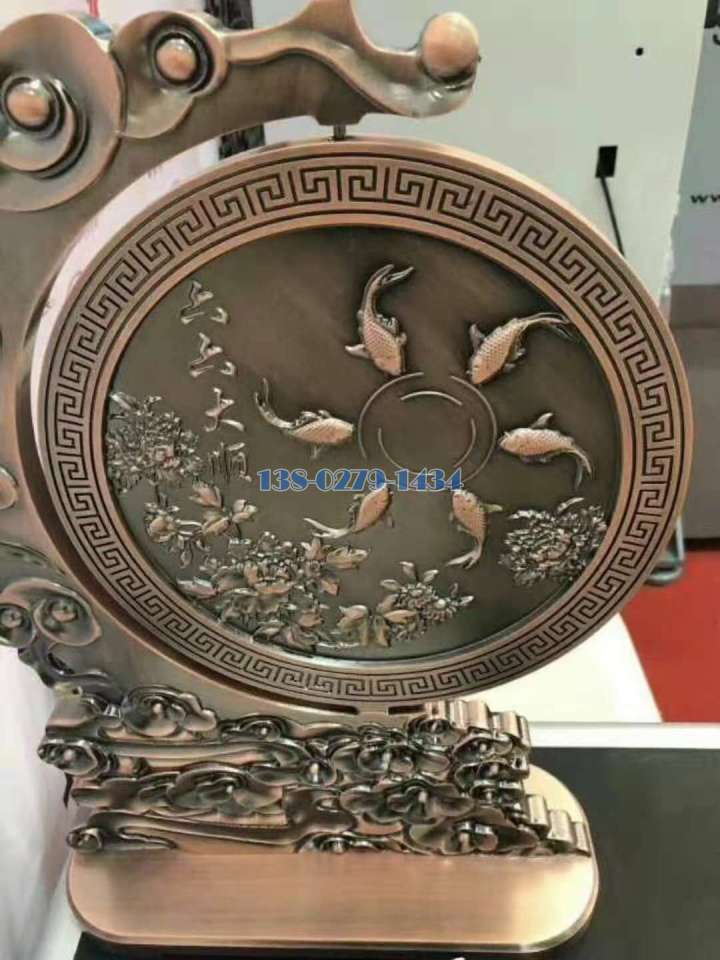 六六大顺图案浮雕古铜色铝合金古玩摆件 六六大顺图案浮雕古铜色铝合金古玩摆件