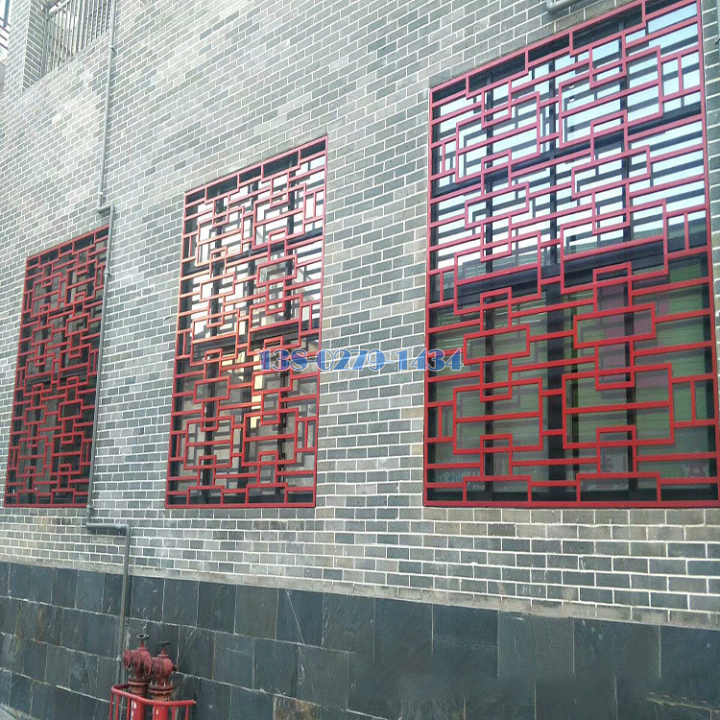 红色中式铝合金窗户花格防盗网 红色中式铝合金窗户花格防盗网