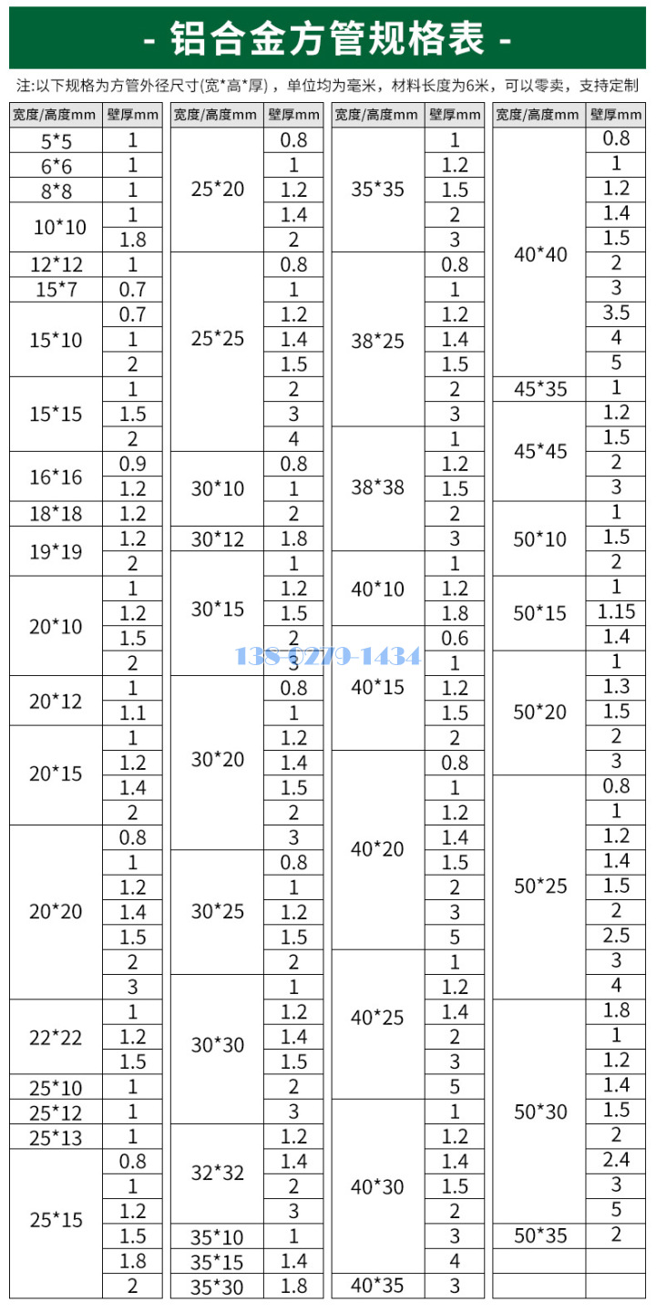 铝方管厚度规格表