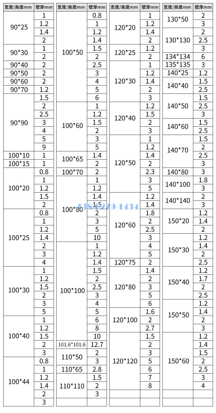 铝方管厚度规格表