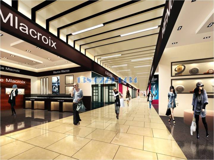 商業(yè)廣場店鋪咖啡色門頭和白色條形鋁單板